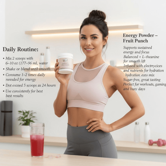 Protein & Health Products holding a container of energy powder with a glass of fruit punch in a kitchen setting.