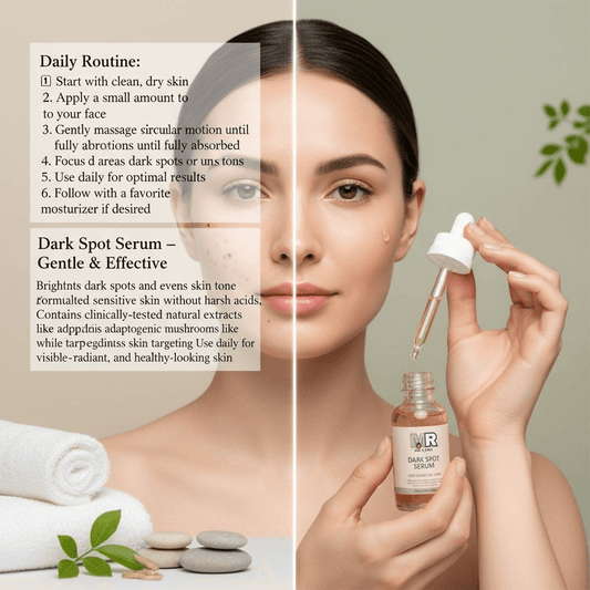 Skincare for Oily Skin, Body Care – Miel & Rose Luxe holding a dark spot serumwith a dropper, surrounded by spa elements.