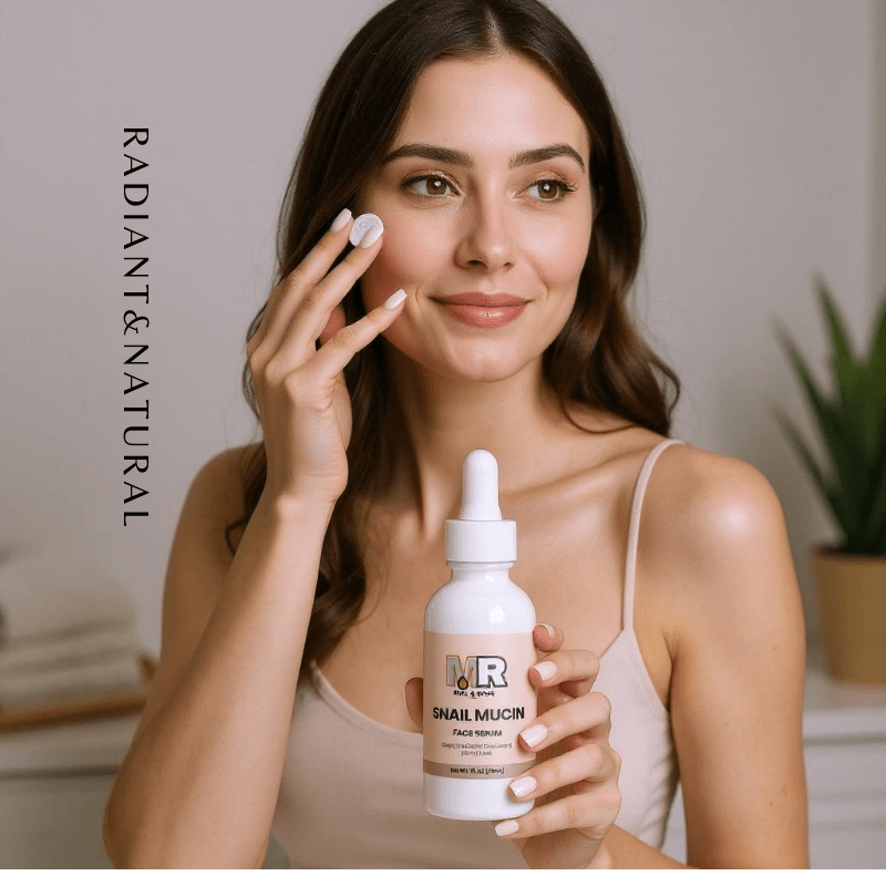 Woman applying Snail Mucin face serum, showcasing natural beauty and skincare routine.