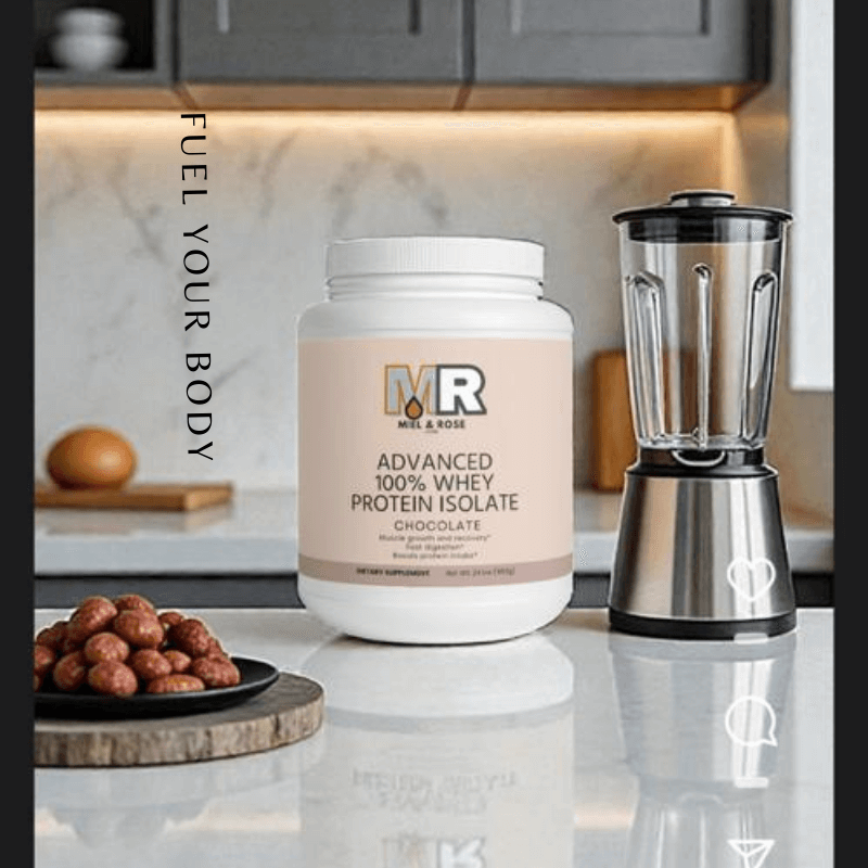 Health Products Protein - Advanced 100% Whey Protein Isolate Chocolate on a kitchen counter with a blender.