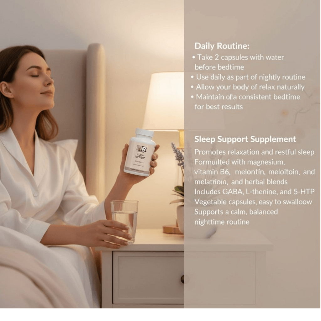 body care & Health Products | sleep  in bed holding a supplement bottle with text about sleep support supplement benefits.