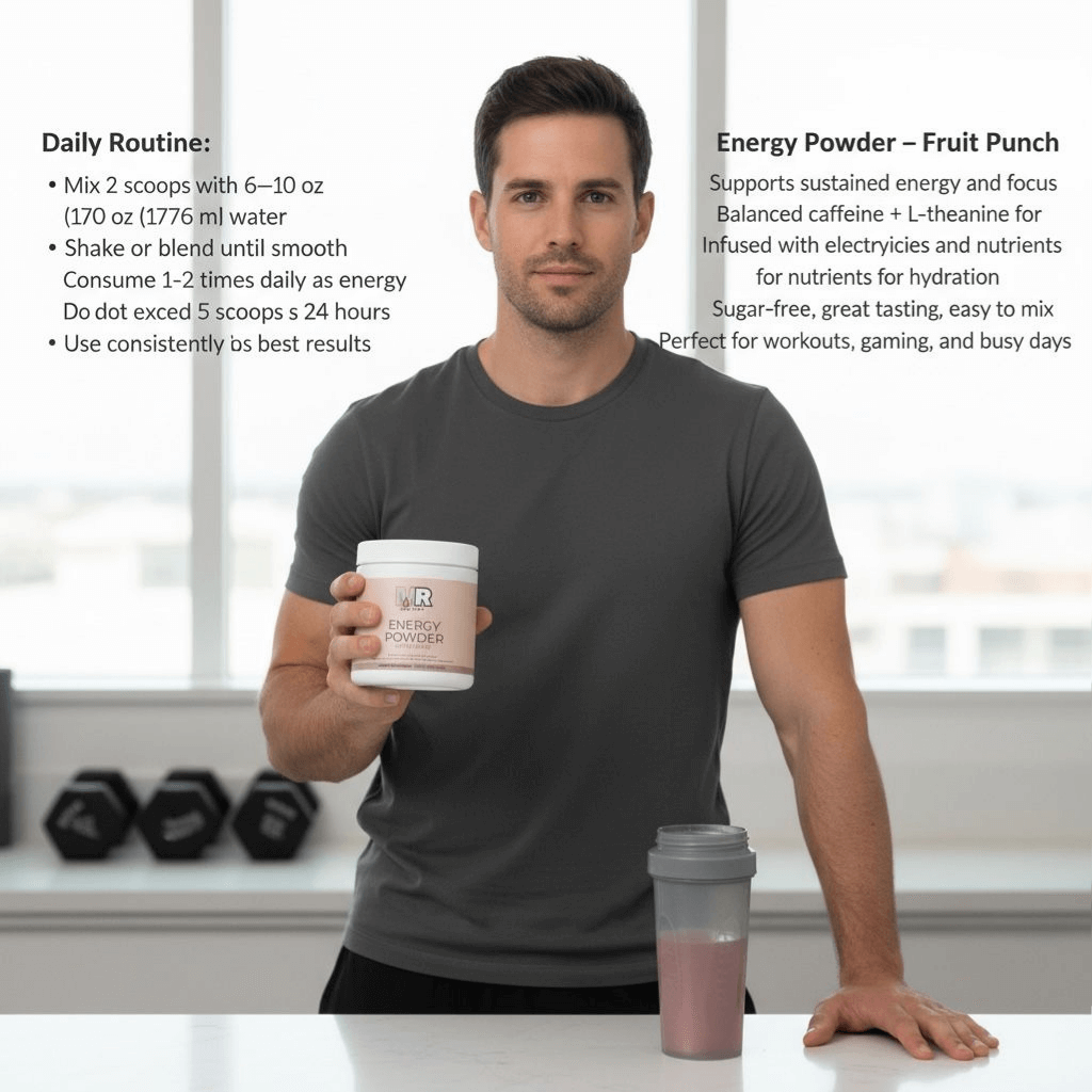 Protein & Health Products Man holding a container of energy powder with product details on a blurred background