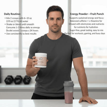 Protein & Health Products Man holding a container of energy powder with product details on a blurred background