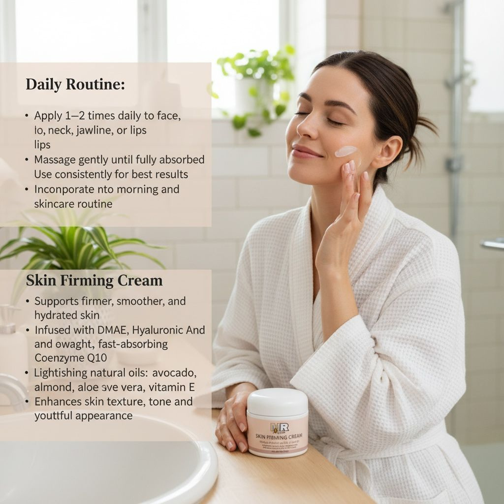 Woman applying skin firming cream in a bathroom setting