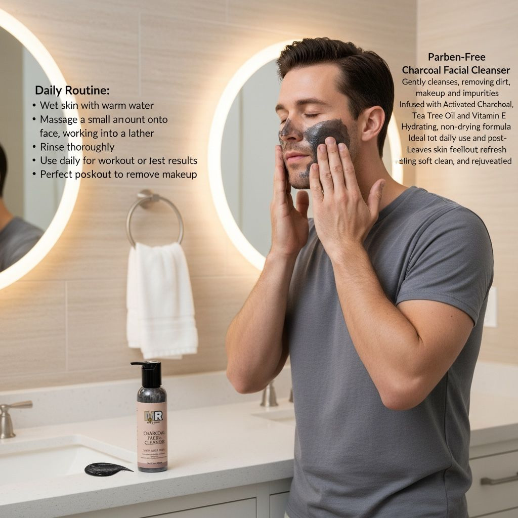 Man applying a charcoal facial cleanser in a bathroom setting