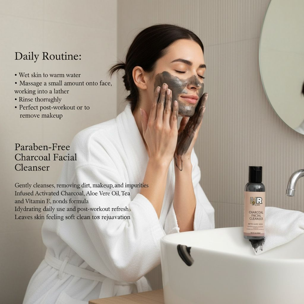 Woman applying a charcoal facial cleanser with product bottle on a bathroom counter.