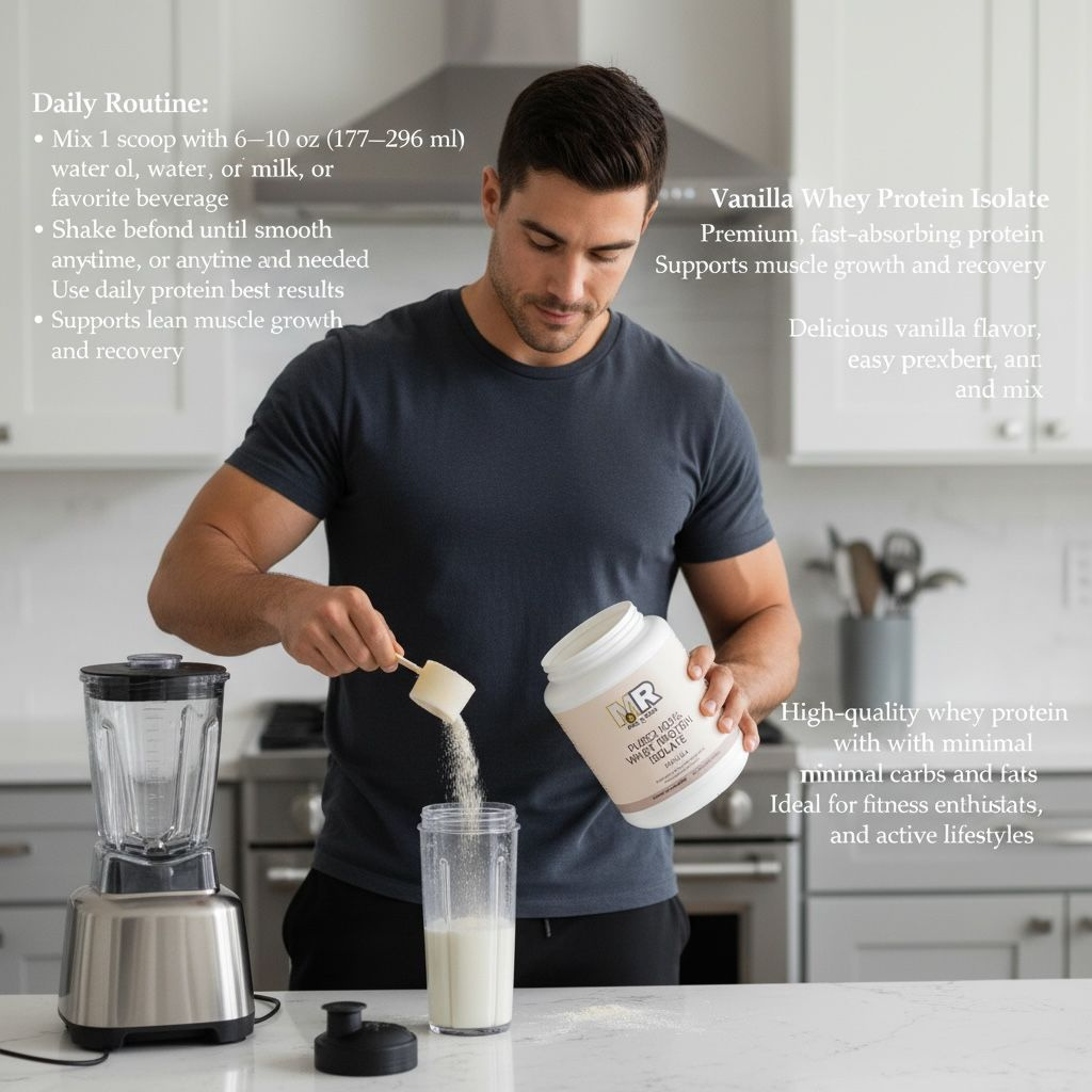 Man adding protein powder to a blender with text about protein benefits and usage.
