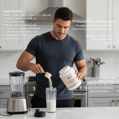 Man adding protein powder to a blender with text about protein benefits and usage.