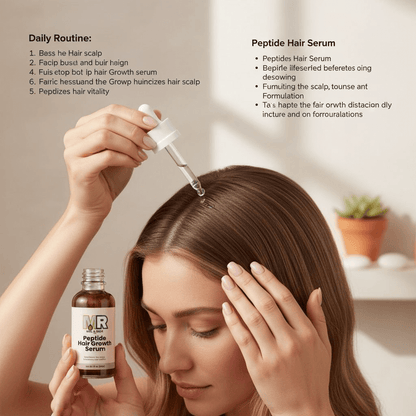 Skincare for hair care Body Care – Miel & Rose Luxe  applying peptide hair serum to her hair with a dropper bottle.