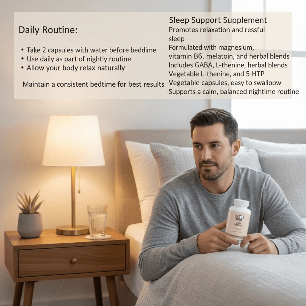 body care & Health Products | Man sitting on a bed holding a supplement bottle with product details about sleep support supplement.